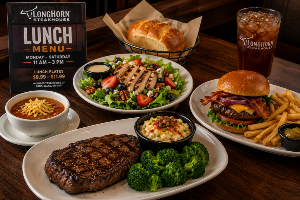 LongHorn Steakhouse lunch table with steak, sandwich, salad, and fresh bread