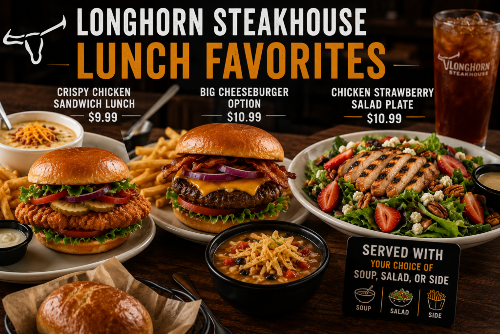 LongHorn Steakhouse crispy chicken sandwich, cheeseburger, and fresh salad lunch plates