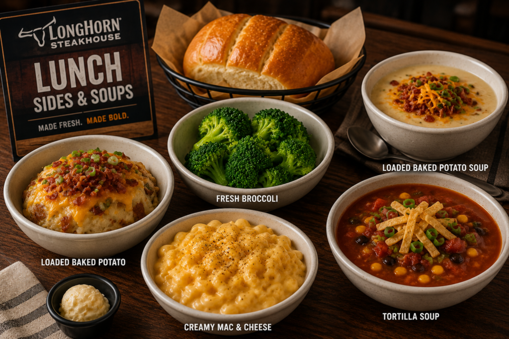 LongHorn Steakhouse lunch sides including baked potato, broccoli, mac and cheese, soup, and bread