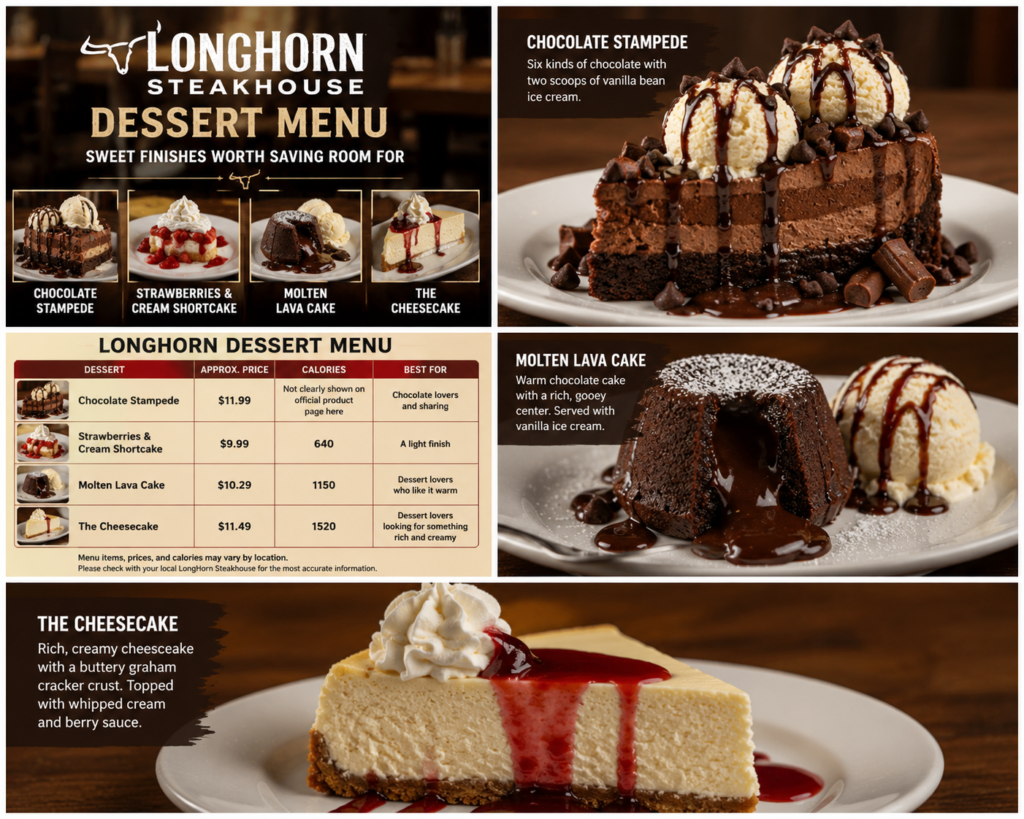 LongHorn dessert menu overview with popular dessert options