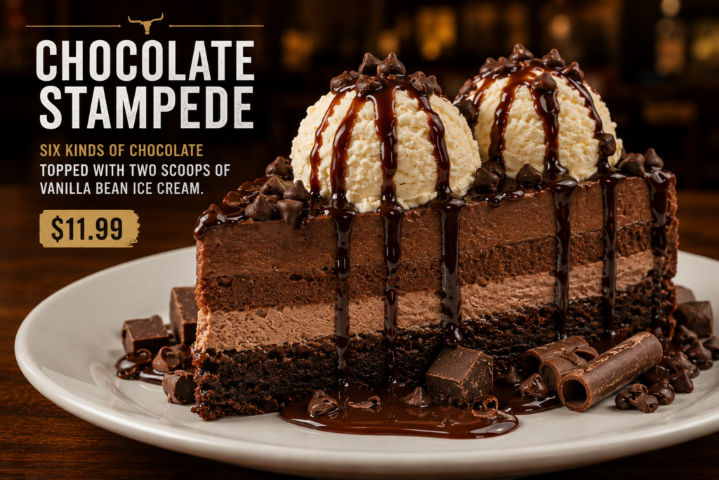 LongHorn Chocolate Stampede dessert served with vanilla ice cream