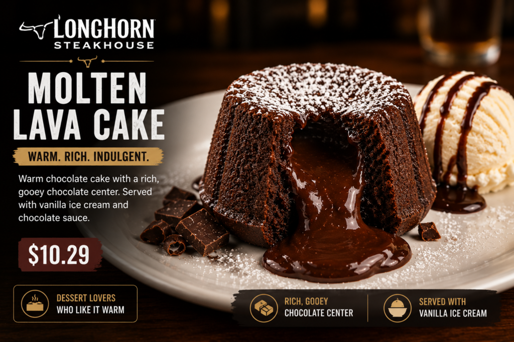 LongHorn Molten Lava Cake dessert with warm chocolate center