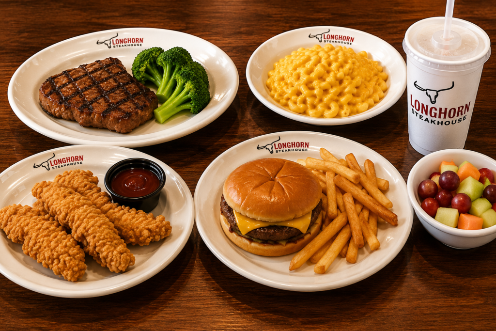 LongHorn Steakhouse kids menu featuring Kid's Sirloin, Chicken Tenders, Kraft Macaroni & Cheese, Cheeseburger, fries, broccoli, and fresh fruit side.