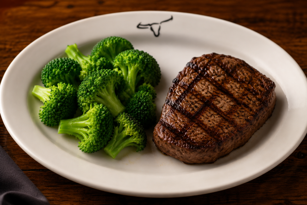 Grilled LongHorn Kid's Sirloin served with steamed broccoli on a children's dinner plate.