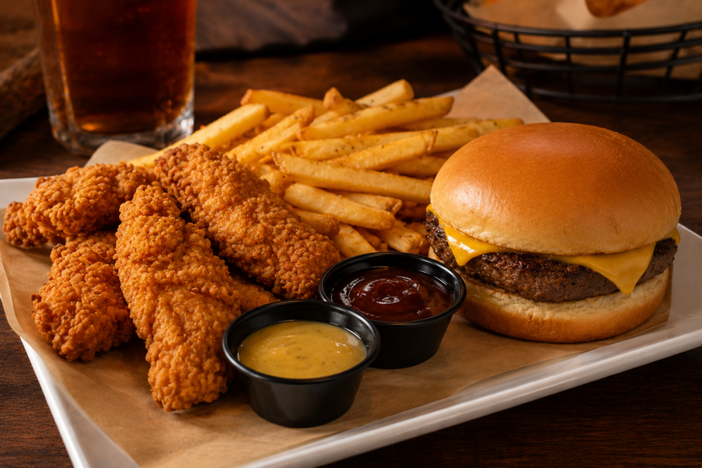 LongHorn Steakhouse kids chicken tenders, cheeseburger, fries, dipping sauces, and fresh sides served on a family dining table.