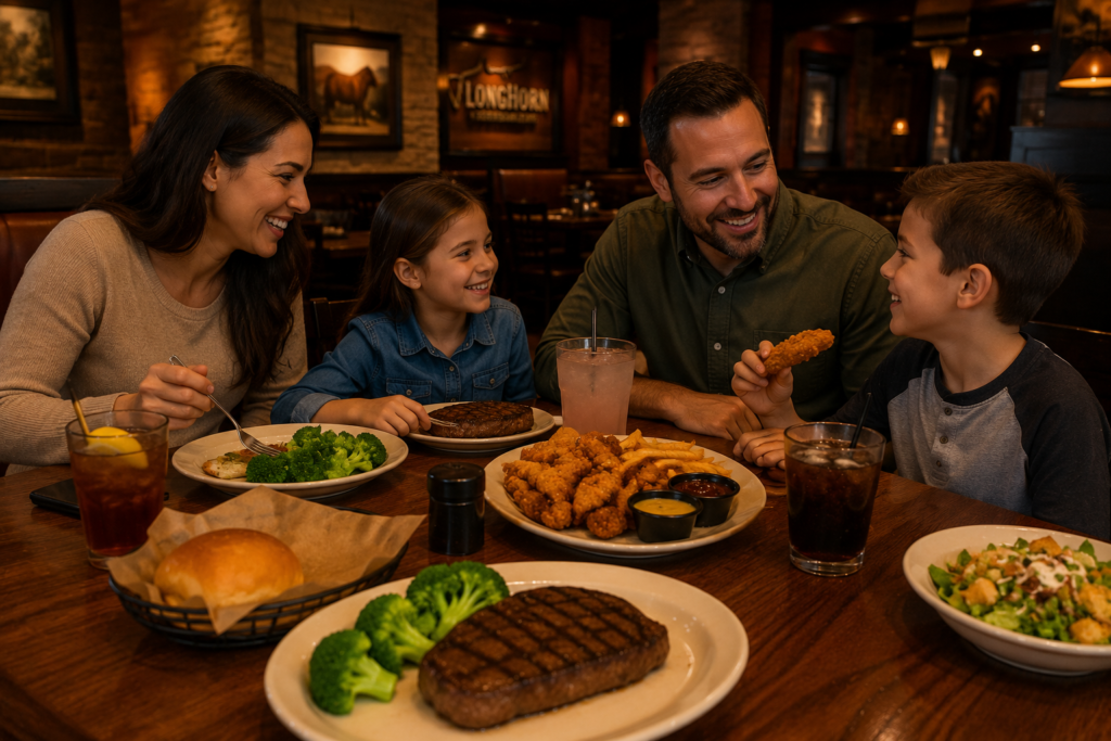 Family enjoying dinner at LongHorn Steakhouse with kids' meals, drinks, fresh bread, and side dishes in a comfortable restaurant setting.