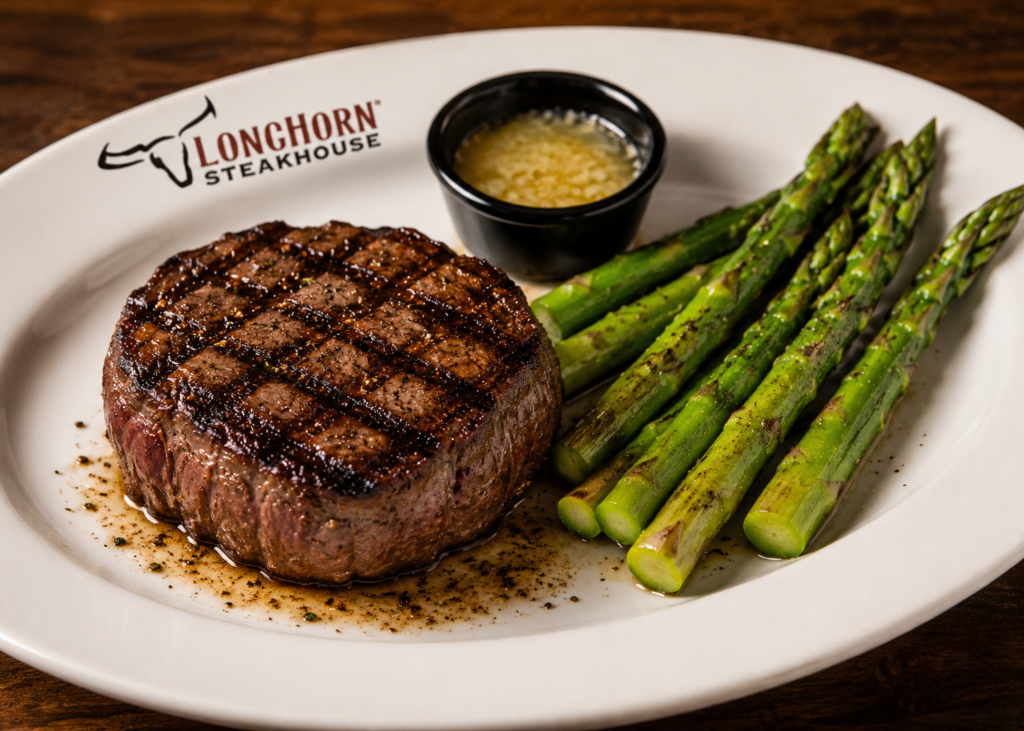 LongHorn Flo's Filet steak served with steamed asparagus as a healthy low calorie meal