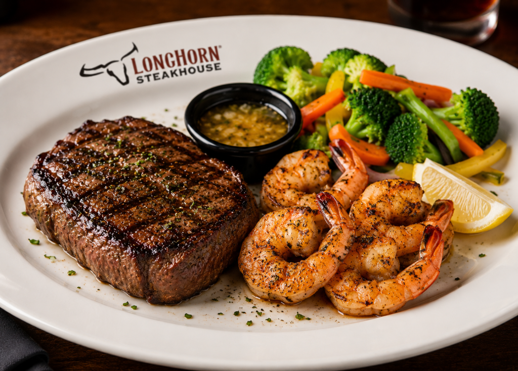 LongHorn Renegade Sirloin with Redrock Grilled Shrimp and fresh vegetables as a low calorie meal