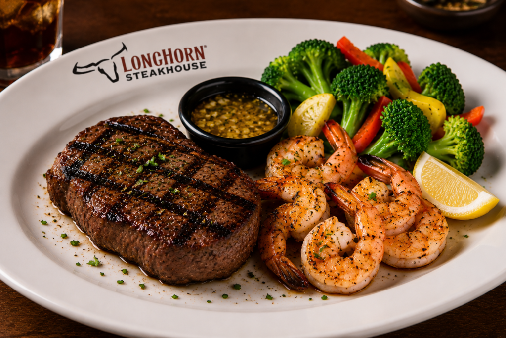 Healthy LongHorn steak dinner with grilled shrimp and steamed vegetables