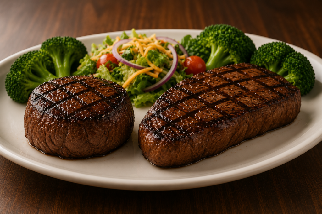 LongHorn Nutrition Menu featuring Flo's Filet and Renegade Sirloin with steamed broccoli and side salad