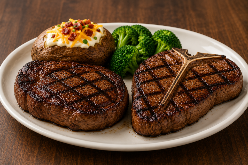 LongHorn Nutrition Menu showing Outlaw Ribeye and Fire-Grilled T-Bone steak with calorie comparison
