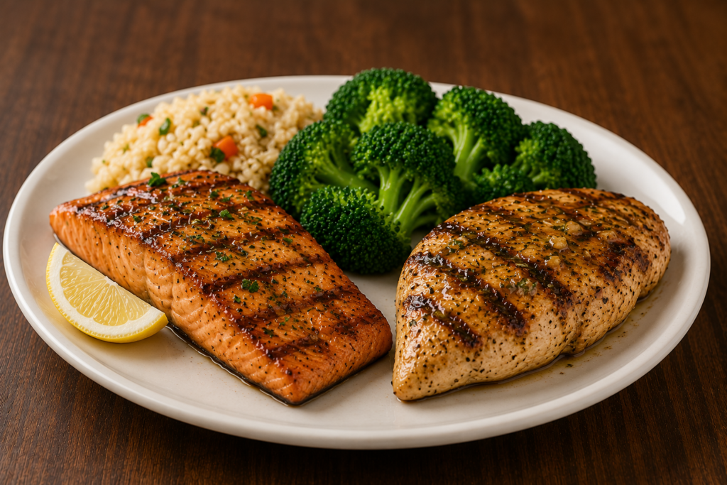 
LongHorn Nutrition Menu featuring LongHorn Salmon and Lemon Garlic Chicken with healthy side options