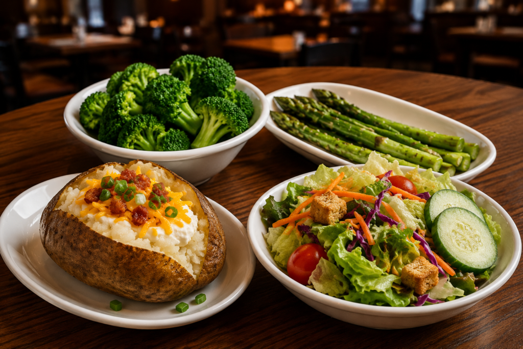 Baked potato, steamed broccoli, asparagus, and side salad at LongHorn Steakhouse