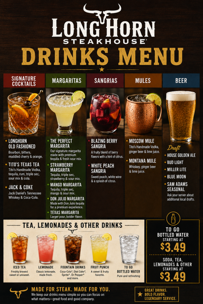  LongHorn Drinks Menu with signature cocktails, margaritas, beer, tea and lemonade