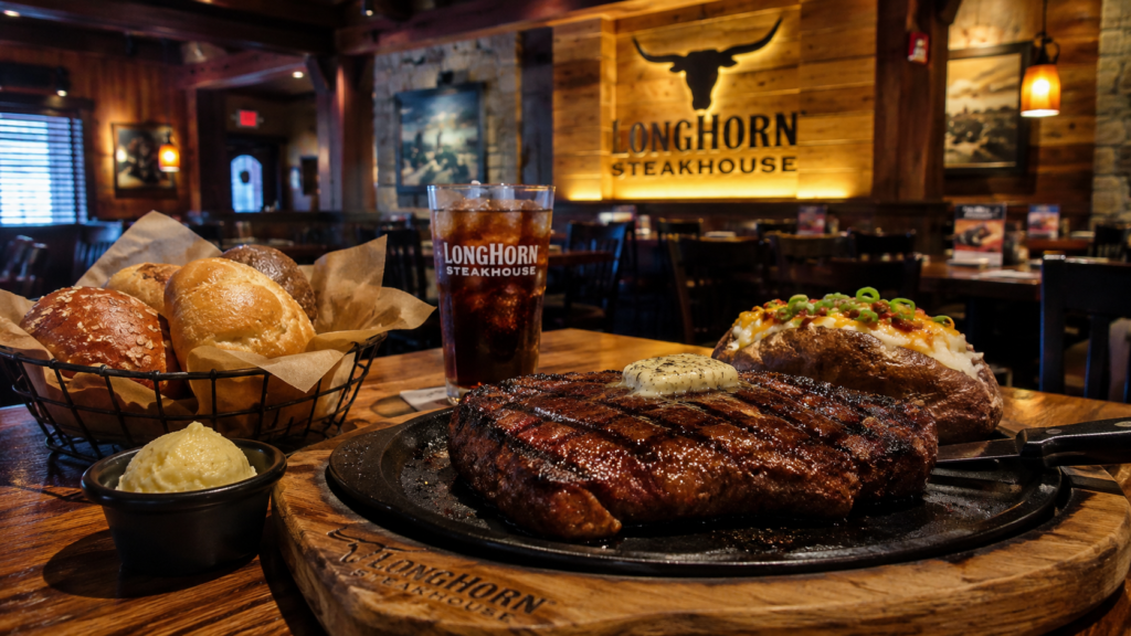 
Grilled steak served inside a LongHorn Steakhouse restaurant with warm bread on the table.