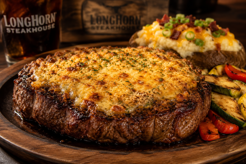 Grilled steak topped with a crispy Parmesan cheese crust at LongHorn Steakhouse.