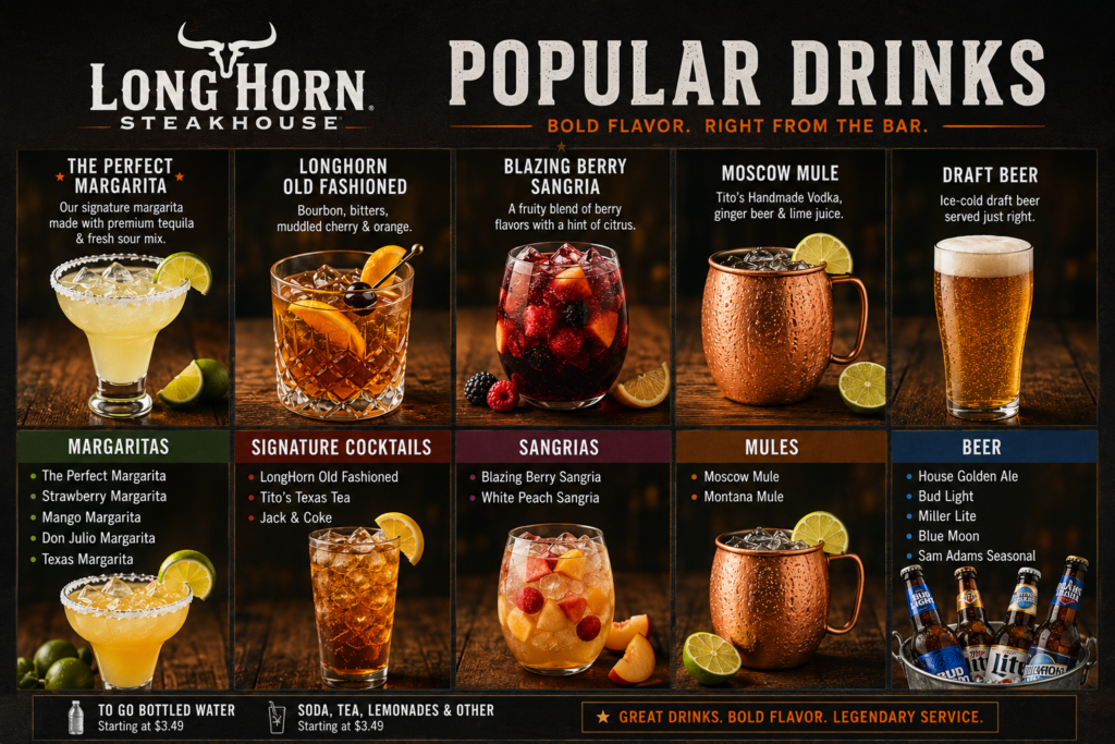 Popular LongHorn drinks including margaritas, Old Fashioned, sangria and draft beer