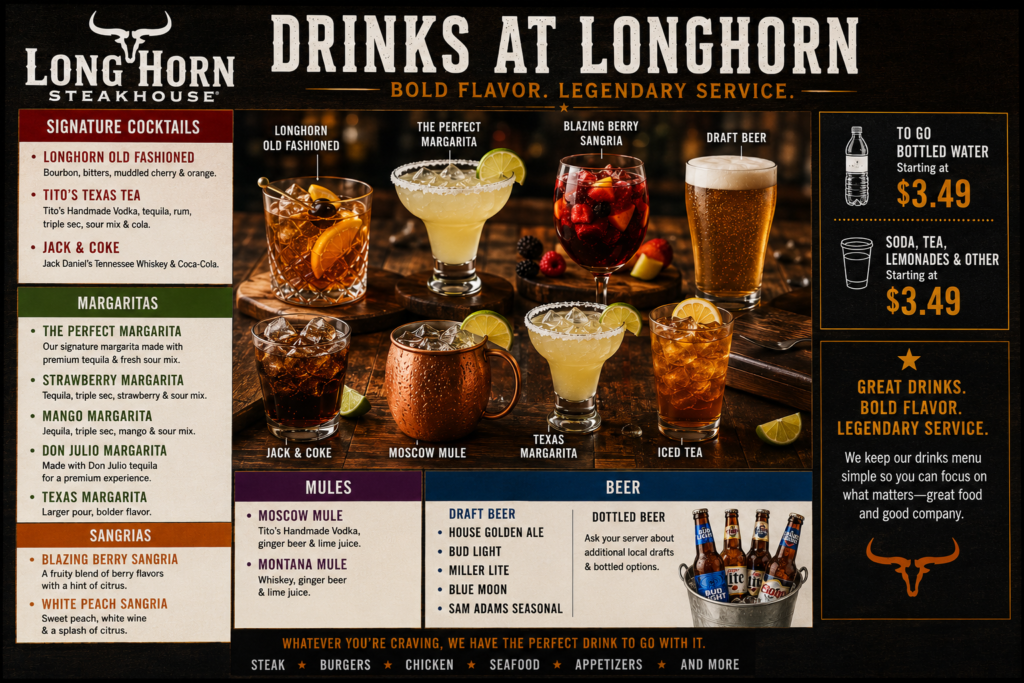 LongHorn Steakhouse beverages including margaritas, beer, iced tea and soft drinks on restaurant table
