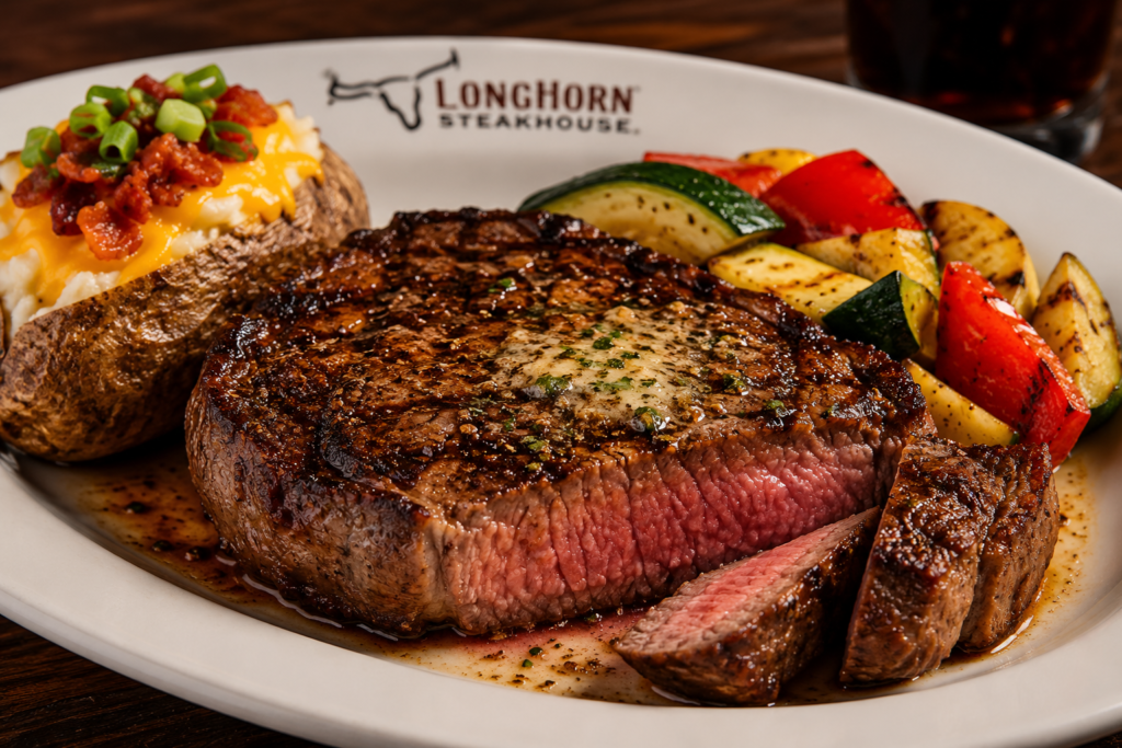 Juicy Outlaw Ribeye steak served medium-rare at LongHorn Steakhouse with seasoned sides.