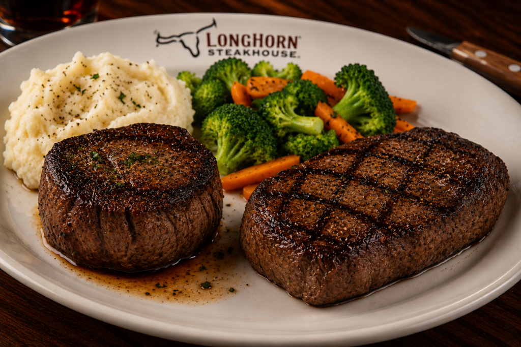 Flo's Filet and sirloin steak served with mashed potatoes and vegetables at LongHorn Steakhouse.