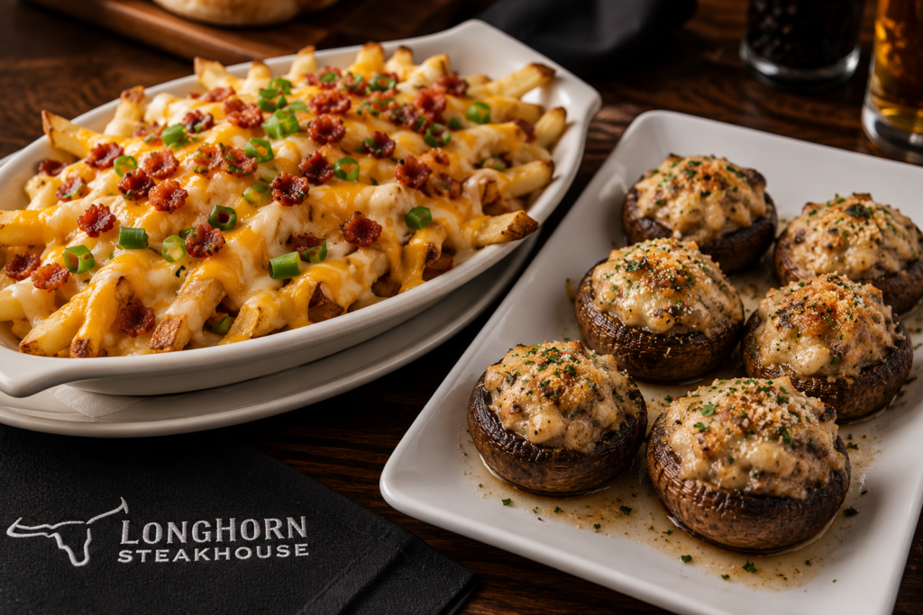 Texas Cheese Fries and White Cheddar Stuffed Mushrooms served as appetizers at LongHorn Steakhouse.