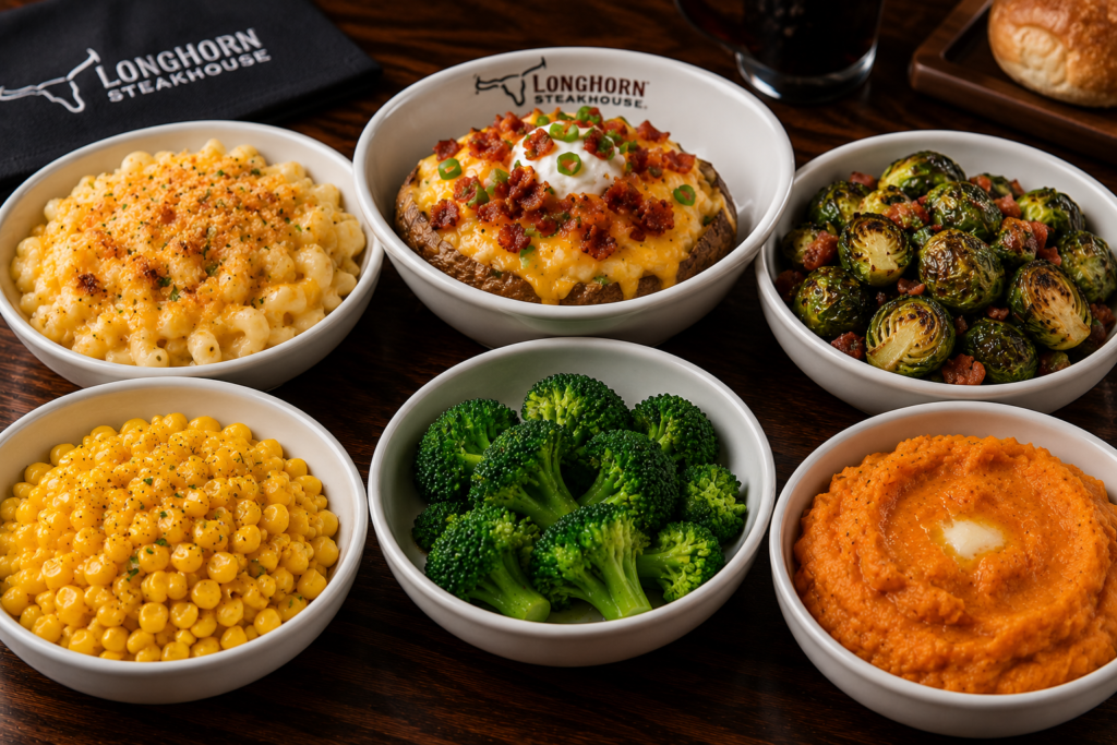 Mac and cheese, loaded baked potato, Brussels sprouts, corn, and steamed broccoli served as LongHorn Steakhouse side dishes.