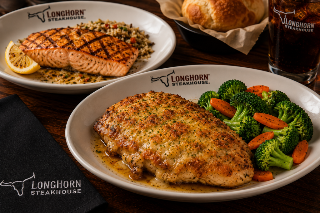 Parmesan Crusted Chicken with vegetables and grilled salmon served at LongHorn Steakhouse.