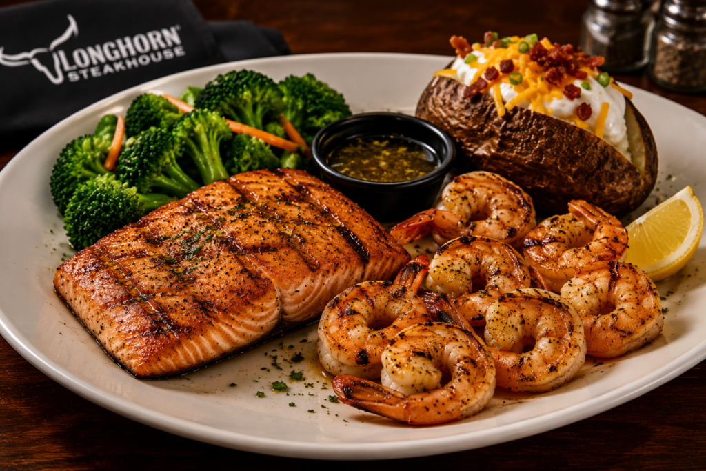 LongHorn seafood menu with grilled salmon and shrimp