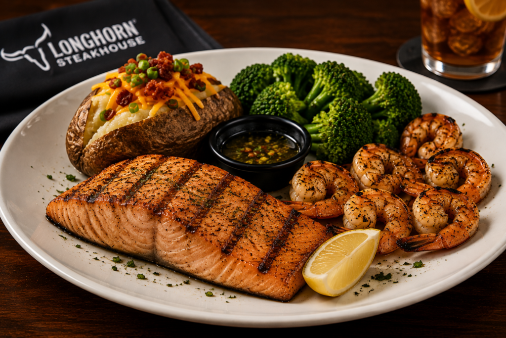 LongHorn seafood dinner with grilled salmon and sides
