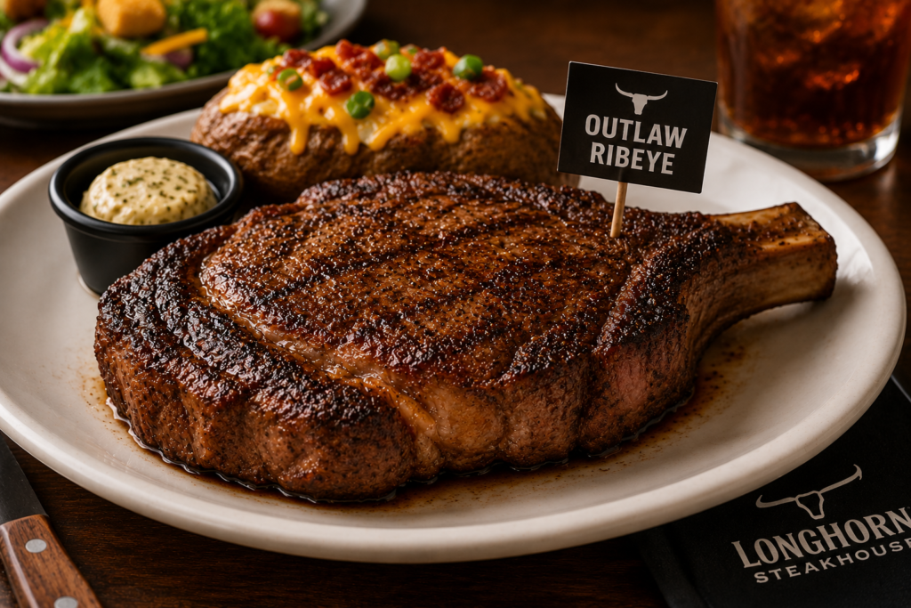 LongHorn Outlaw Ribeye steak with a grilled crust