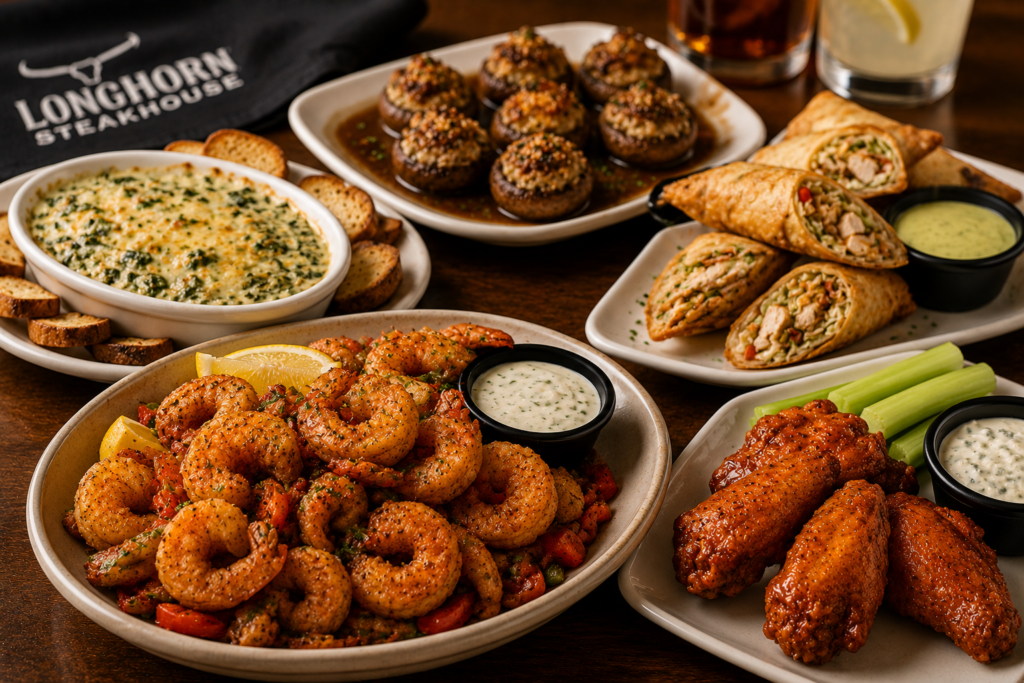 LongHorn Steakhouse appetizers including Wild West Shrimp and chicken wraps