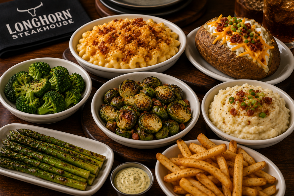 LongHorn Steakhouse side dishes including mac and cheese, Brussels sprouts and baked potato