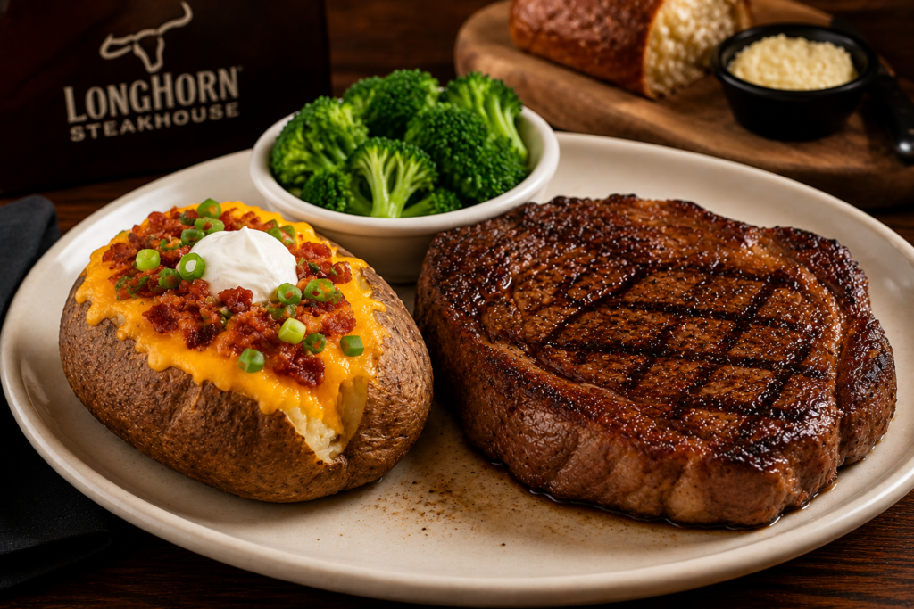 LongHorn steak with loaded baked potato and side