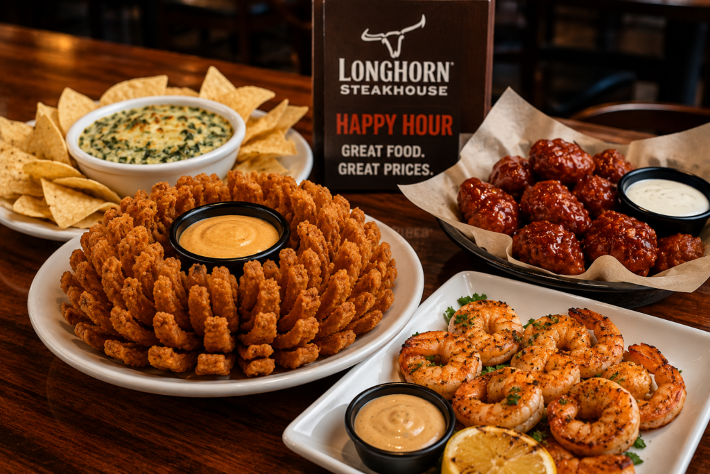 LongHorn Happy Hour appetizers including fried onion and shrimp