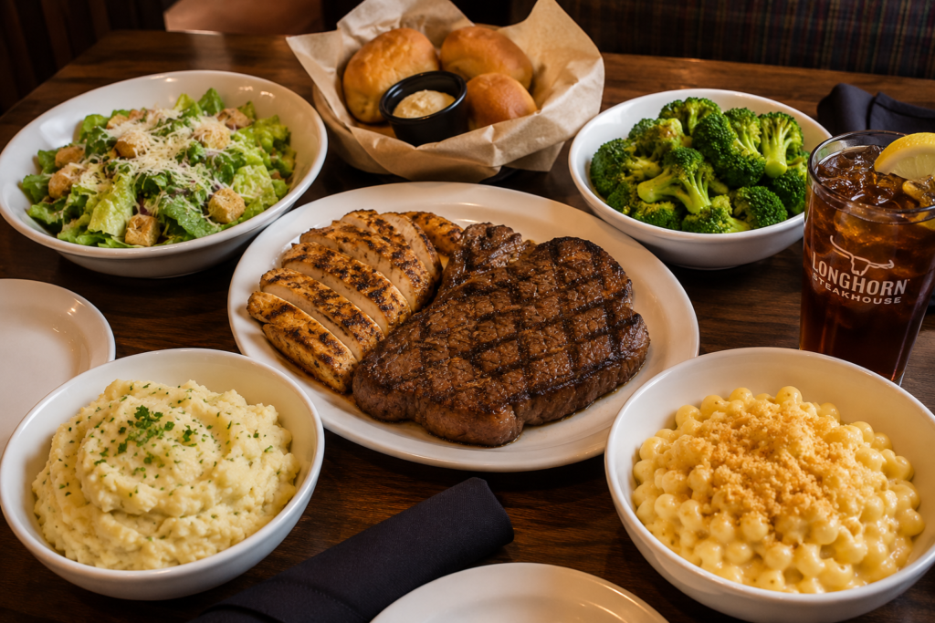 LongHorn family meal with steak, chicken, salad, bread, and sides for sharing