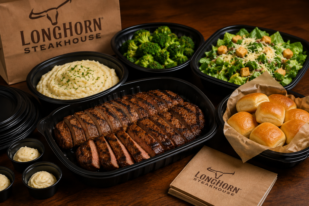 LongHorn shareable family dinner bundle with steak, large sides, salad, and bread