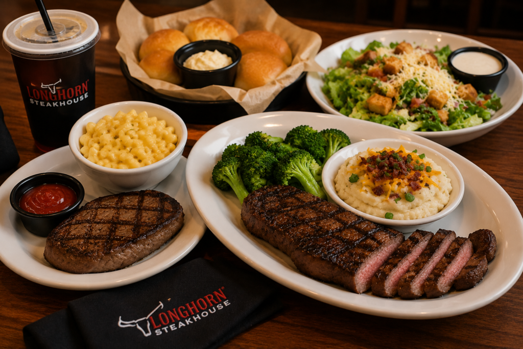 LongHorn kids steak meal served with adult steak, broccoli, mashed potatoes, and bread