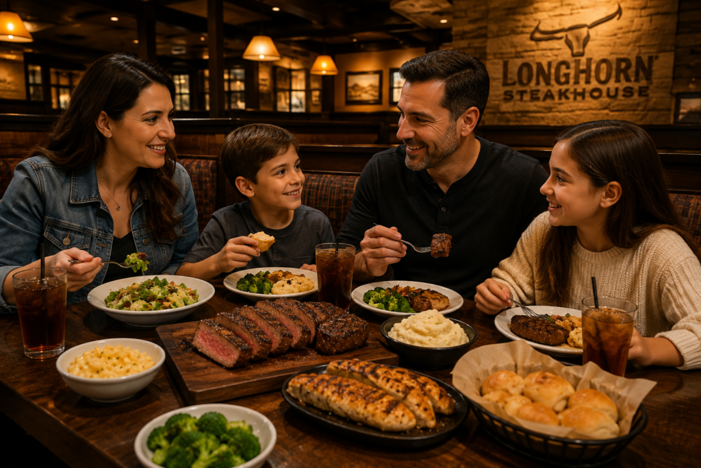 Family enjoying a LongHorn Steakhouse dinner with shared steaks and side dishes