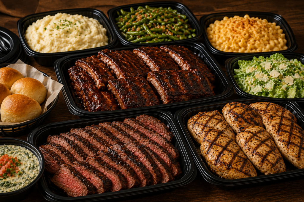 LongHorn Steakhouse catering spread with grilled steak, chicken, ribs, mashed potatoes, green beans, macaroni and cheese, salad, and bread arranged for a group meal.
