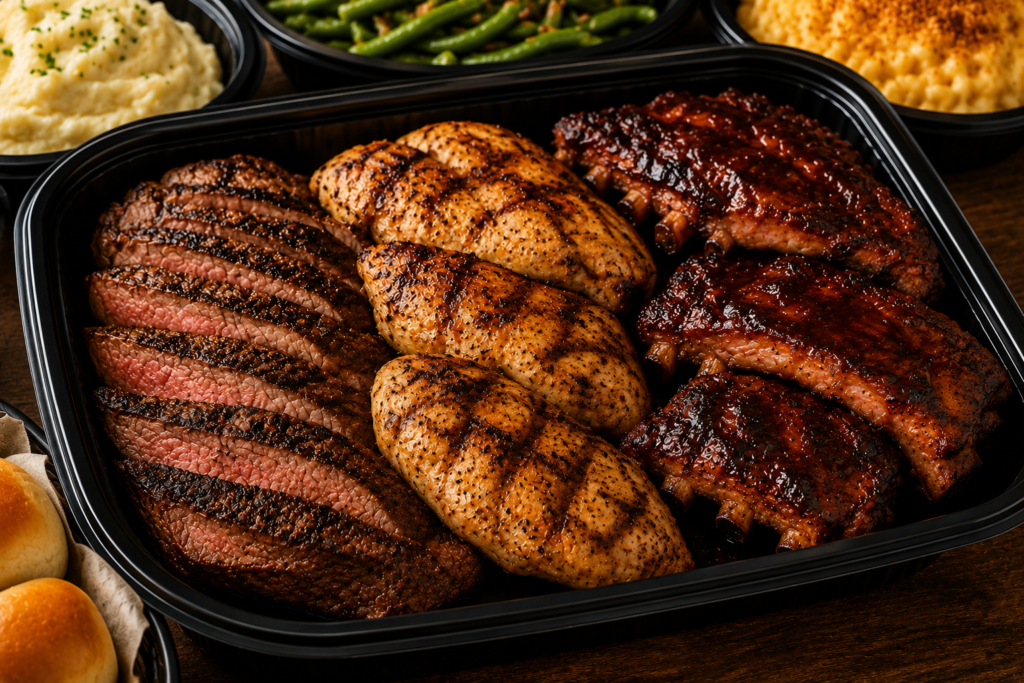 LongHorn Steakhouse catering tray with grilled steak, seasoned chicken, and glazed baby back ribs prepared for a group meal.