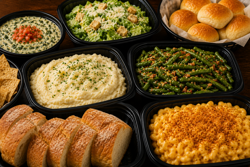 LongHorn Steakhouse catering sides and starters including mashed potatoes, seasoned green beans, macaroni and cheese, Caesar salad, spinach dip, and bread rolls.