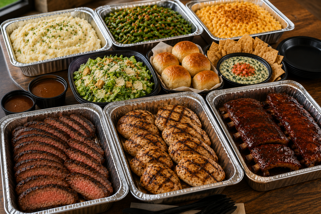 LongHorn Steakhouse catering setup with steak, grilled chicken, ribs, mashed potatoes, green beans, macaroni and cheese, salad, rolls, and spinach dip arranged for a group gathering.