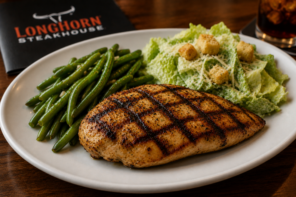 LongHorn grilled chicken with green beans and Caesar salad