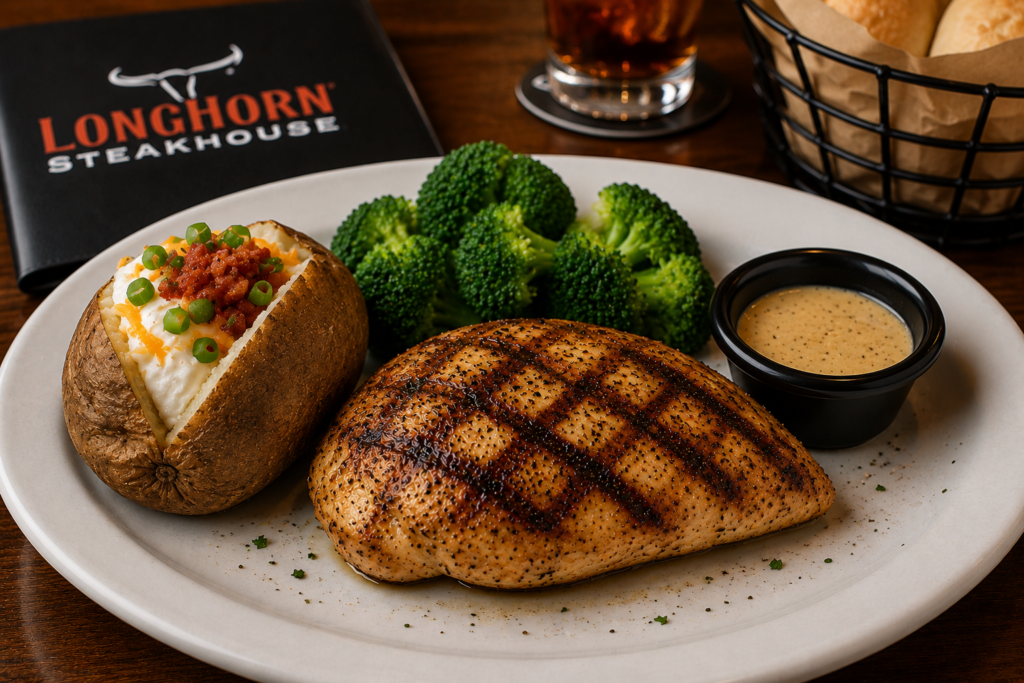 LongHorn chicken entrée with baked potato and vegetables