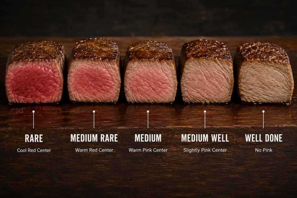 LongHorn steak doneness comparison from rare to well done