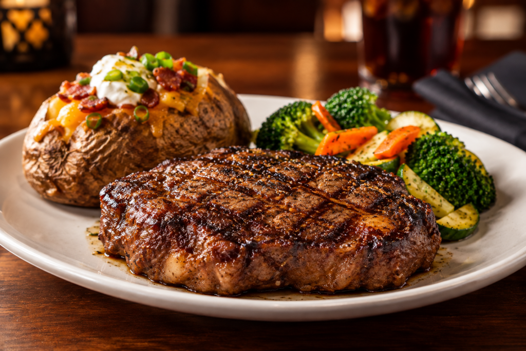 Grilled steak served with baked potato and vegetables at LongHorn Steakhouse
