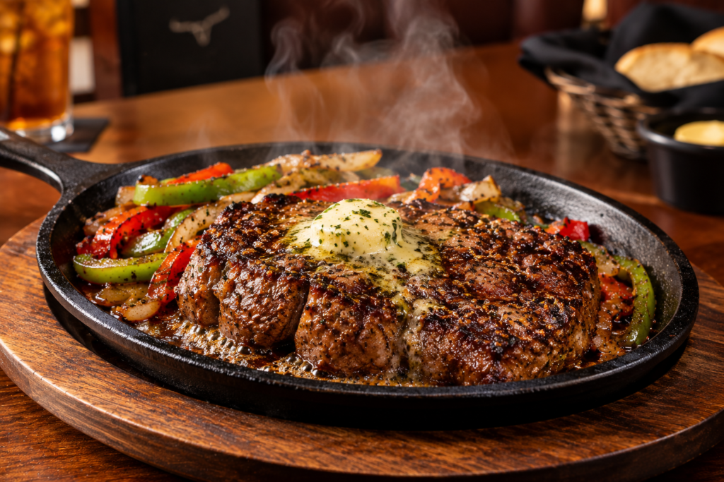 Sizzling steak served on a hot cast iron skillet at LongHorn Steakhouse