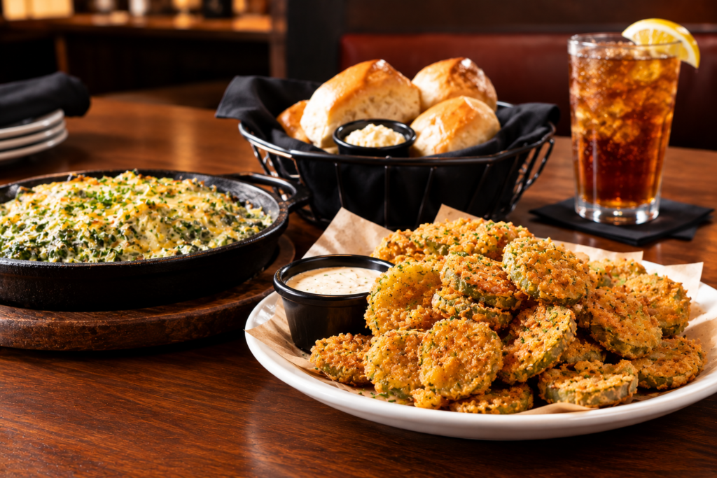 LongHorn Steakhouse appetizers including fried pickles with warm bread and honey butter
