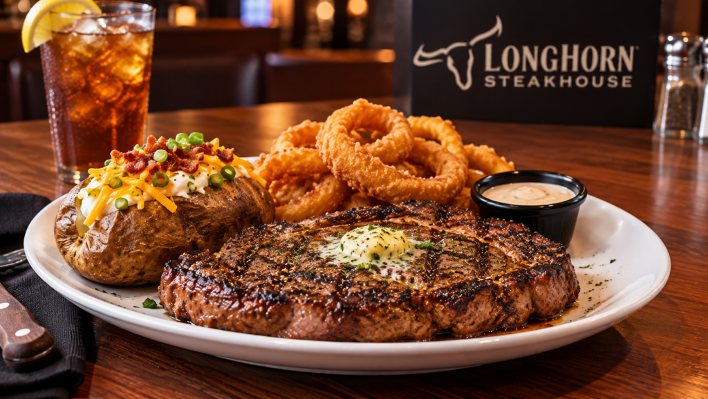 LongHorn Steakhouse steak with crispy fried sides