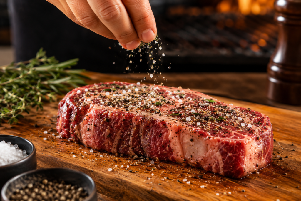 Steak being seasoned with salt and pepper for a LongHorn-inspired flavor